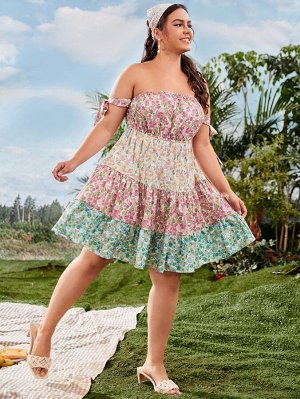 Платье с открытыми плечами и цветочным принтом Plus Size