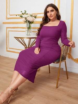 Plus Size Платье с квадратным воротником со сборками сетчатый