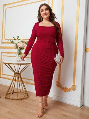 Plus Size Платье с квадратным воротником со сборками сетчатый