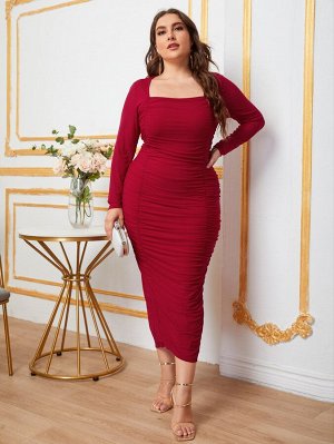 Plus Size Платье с квадратным воротником со сборками сетчатый