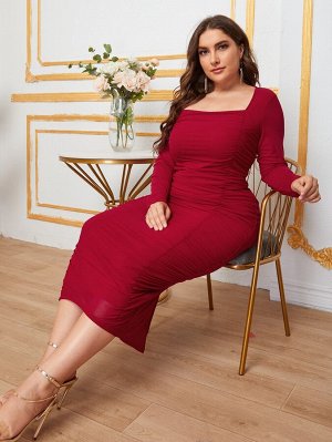 Plus Size Платье с квадратным воротником со сборками сетчатый