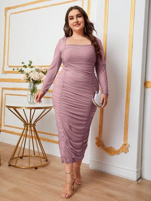 Plus Size Платье с квадратным воротником со сборками сетчатый