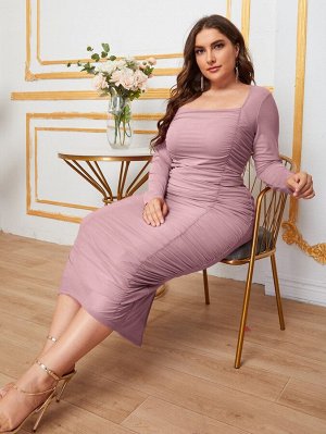 Plus Size Платье с квадратным воротником со сборками сетчатый