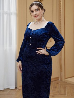 Plus Size Платье с кружевной отделкой однобортный из бархата