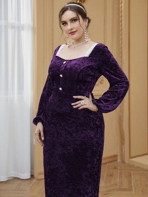 Plus Size Платье с кружевной отделкой однобортный из бархата