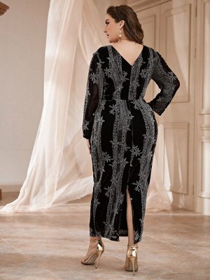 Plus Size Платье с цветочным принтом с v-образным вырезом с разрезом сзади