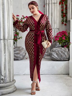 SheIn Plus Size Платье золотистый с узором аргайл с поясом с разрезом из бархата