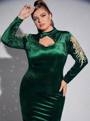 Plus Size Вечернее платье с аппликацией с разрезом с воротником-стойкой макси из бархата