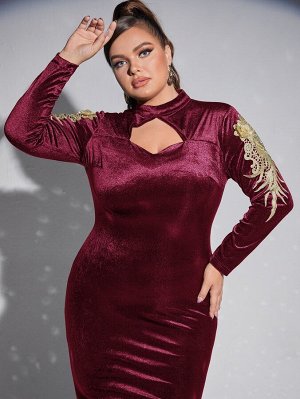 Plus Size Вечернее платье с аппликацией с разрезом с воротником-стойкой макси из бархата