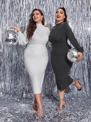 SheIn Plus Size 1шт Облегающее платье с воротником-стойкой с рукавами-фонариками блестящий