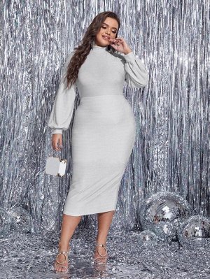 SheIn Plus Size 1шт Облегающее платье с воротником-стойкой с рукавами-фонариками блестящий