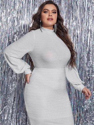 SheIn Plus Size 1шт Облегающее платье с воротником-стойкой с рукавами-фонариками блестящий