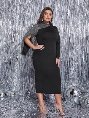 Plus Size 1шт Облегающее платье с разрезом на рукавах с воротником-стойкой с разрезом сзади