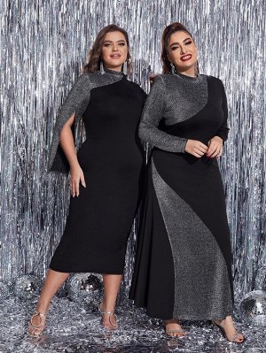 Plus Size 1шт Облегающее платье с разрезом на рукавах с воротником-стойкой с разрезом сзади