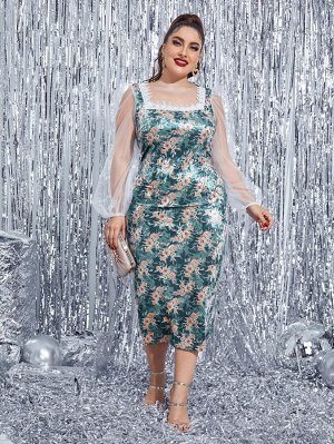 Plus Size 1шт Платье с цветочным принтом и сетчатыми рукавами-фонариками из бархата