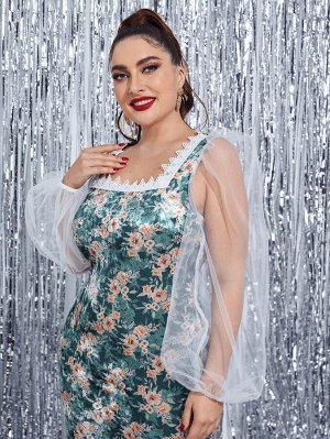 Plus Size 1шт Платье с цветочным принтом и сетчатыми рукавами-фонариками из бархата