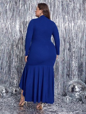 Plus Size 1шт Облегающее платье с воротником-стойкой асимметричный