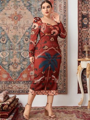 Plus Size Облегающее платье тропический и с цветочным принтом с рукавами "овечья ножка" с разрезом сзади с глубоким декольте
