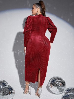 Plus Size Вечернее платье с рукавами "овечья ножка" с разрезом сзади блестящий облегающий