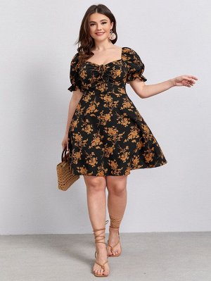 Платье с цветочным принтом и пышными рукавами Plus Size