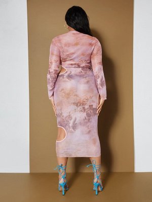 Plus Size Облегающее платье с принтом фигуры с разрезом сетчатый без нижнего белья