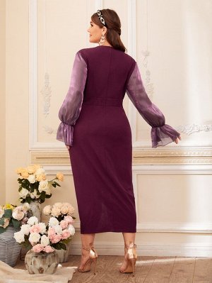 Plus Size Платье из жемчугов с рукавами-воланами со сборками с разрезом