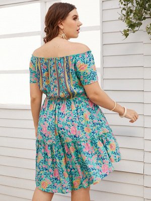Plus Size Платье с цветочным принтом с открытыми плечами с оборками без пояса