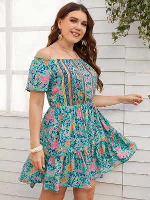 Plus Size Платье с цветочным принтом с открытыми плечами с оборками без пояса