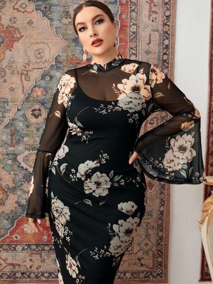 Plus Size Облегающее платье с цветочным принтом с рукавом "колокол" с разрезом сзади сетчатый