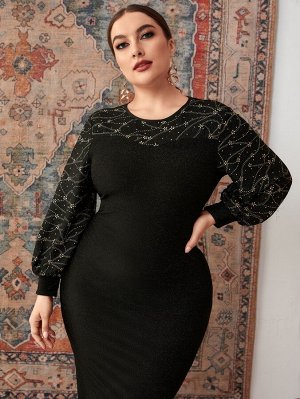 Plus Size Облегающее платье с цветочным узором с рукавами-фонариками с разрезом сзади из бархата