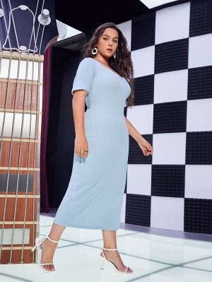 SheIn Plus Size Облегающее платье текстурированный с закатывающимися рукавами с разрезом сзади