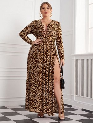 размера плюс Платье с леопардовым принтом с глубоким вырезом с высоким разрезом