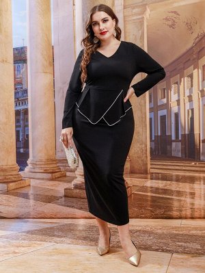 Plus Size Платье с контрастной отделкой с разрезом сзади с оборкой