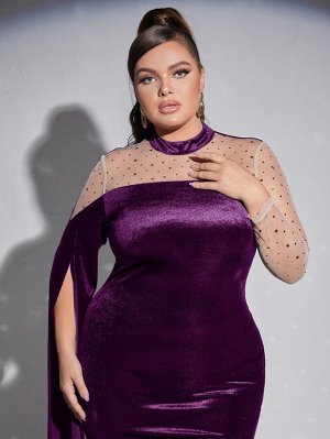 Plus Size Платье сетчатый вставка с разрезом на рукавах с воротником-стойкой с разрезом сзади из бархата