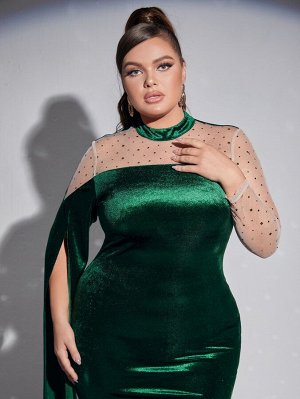 Plus Size Платье сетчатый вставка рукав с разрезом с воротником-стойкой с разрезом сзади из бархата