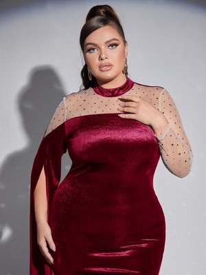 Plus Size Платье сетчатый вставка с разрезом на рукавах с воротником-стойкой с разрезом сзади из бархата