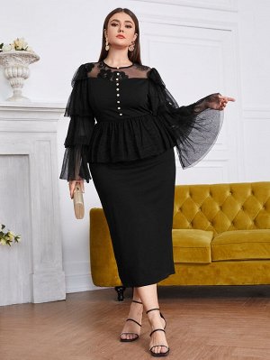 Plus Size Платье контрастный сетчатый с многослойным рукавом с поддельными пуговицами с разрезом с баской