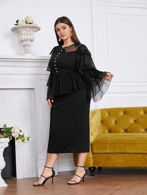 Plus Size Платье контрастный сетчатый с многослойным рукавом с поддельными пуговицами с разрезом с баской