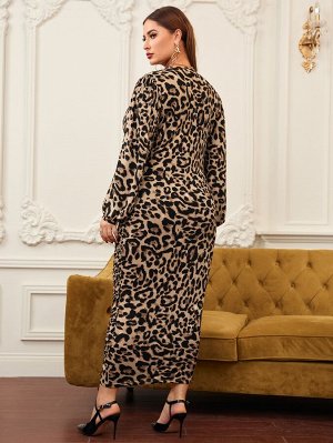 Plus Size Облегающее платье с леопардовым принтом с рукавами-фонариками со сборкой