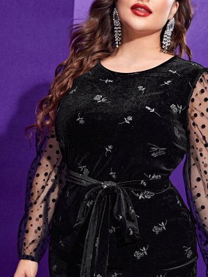SheIn Plus Size Облегающее платье с цветочным принтом контрастный сетчатый с подолом русалки с поясом из бархата