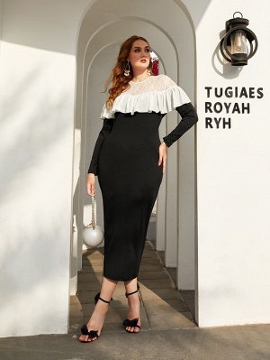 Plus Size Облегающее платье с кружевной отделкой с оборкой с разрезом