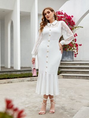 Plus Size Платье с кружевной отделкой на пуговицах с подолом русалки