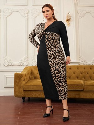 Plus Size Платье-футболка с леопардовым принтом со сборками