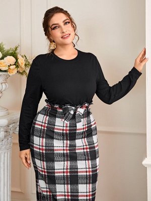 Plus Size Платье в клетку с присборенной талией с разрезом сзади