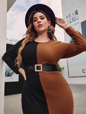 Plus Size Облегающее платье контрастный вязаный с поясом