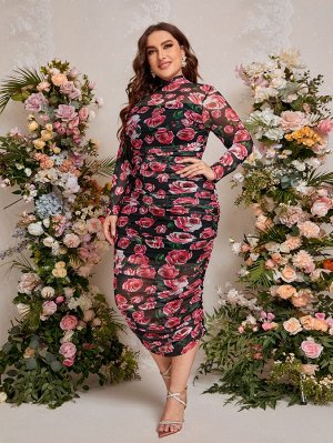 SheIn Plus Size Платье с цветочным принтом со сборками сетчатый