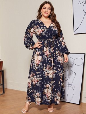 Платье Plus Size с поясом и принтом