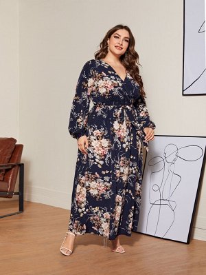 Платье Plus Size с поясом и принтом