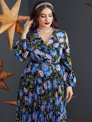 Плиссированное платье с поясом с цветочным принтом с открытыми плечами Plus Size