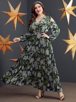 Плиссированное платье с поясом с цветочным принтом с открытыми плечами Plus Size